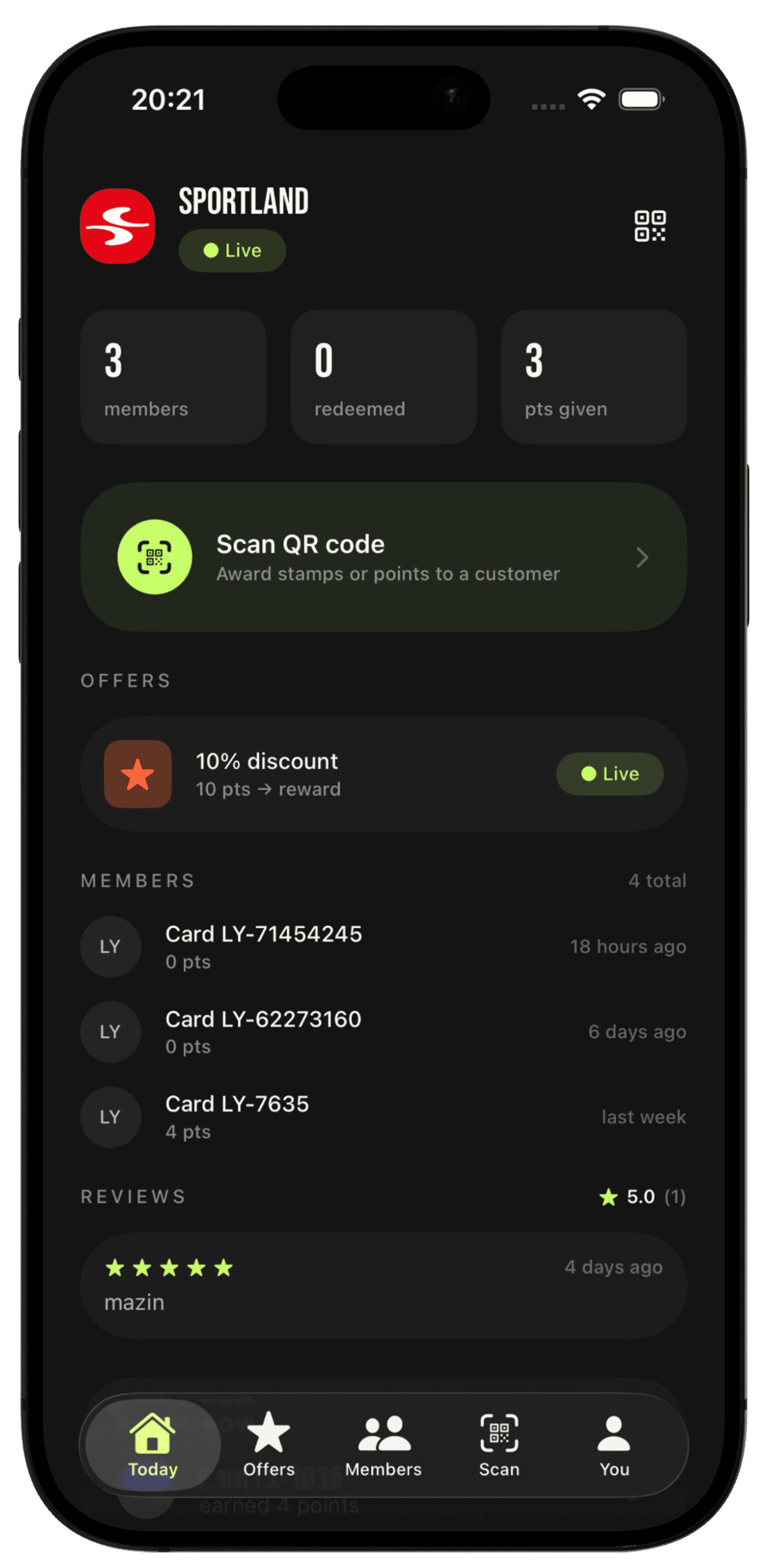 Loyabel merchant app — today view showing members, scan QR, and offers